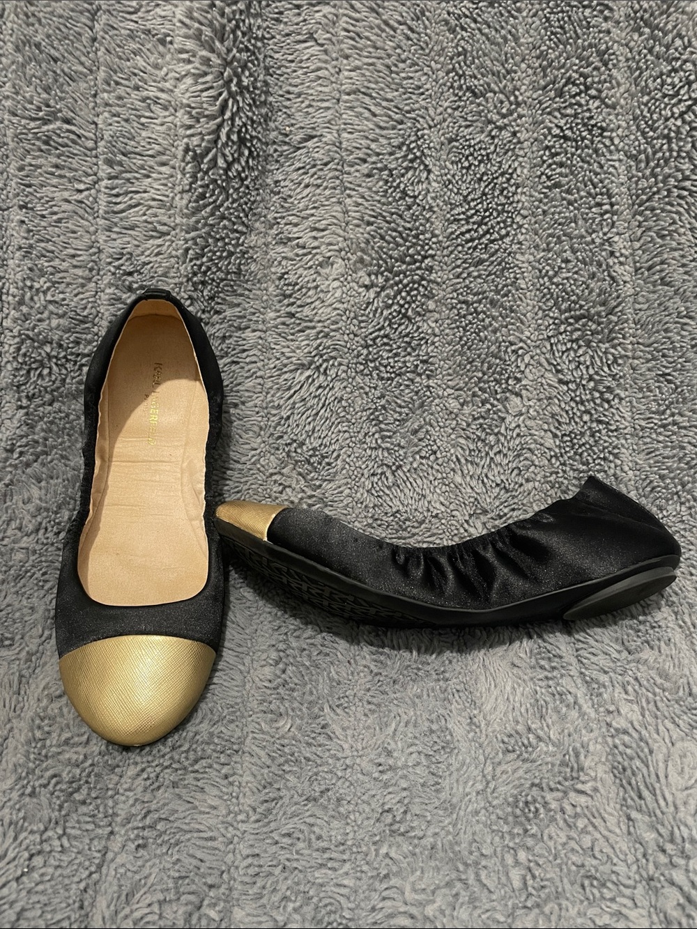 Karl Lagerfeld Black Flats with Gold Cap Toe